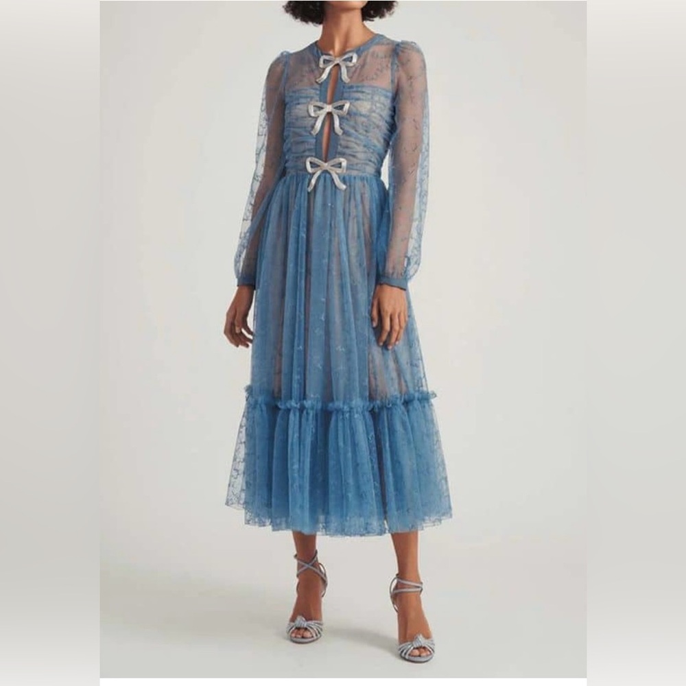 SALONI Blue Sheer Lace Midi Dress with Bow Details